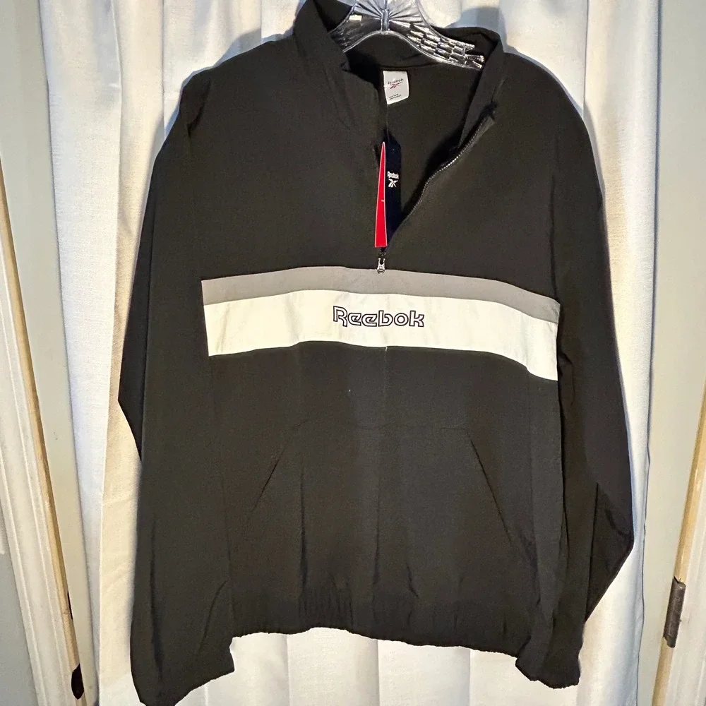 Reebok Mens Quarter Zip Pullover Jacket Black White Color Block Track Style‎
